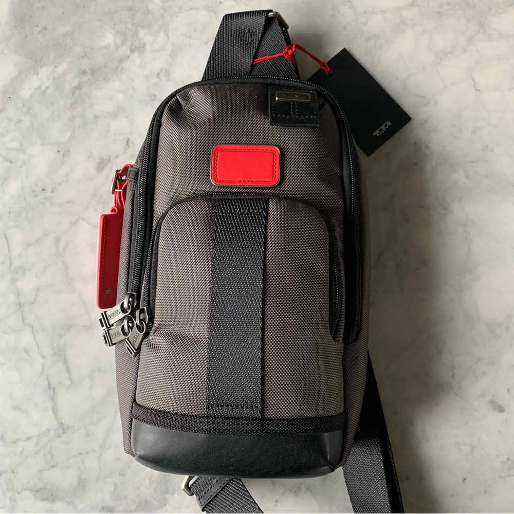 TUMI Fife Slim Sling Gray/Black Ballistic Nylon & Leather NWT $250 MSRP